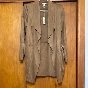 NWT Light Brown Drape Front Long Jacket Waterfall Collar Casual Layers Everyday